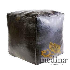 Pouf marocain cube noir, pouf carré artisanal en cuir veritable