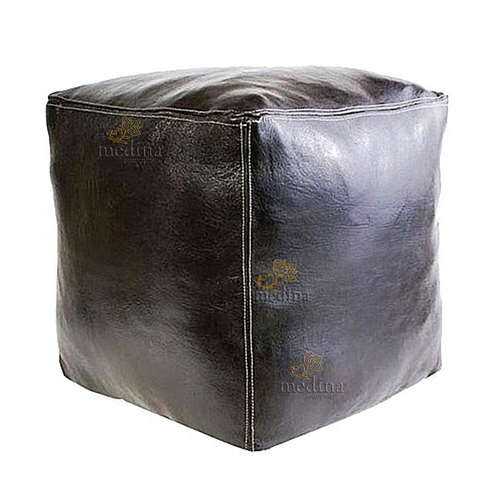 Pouf marocain cube noir, pouf carré artisanal en cuir veritable