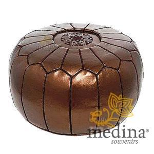 Pouf design cuir marocain brun métallique, pouf entièrement fait main