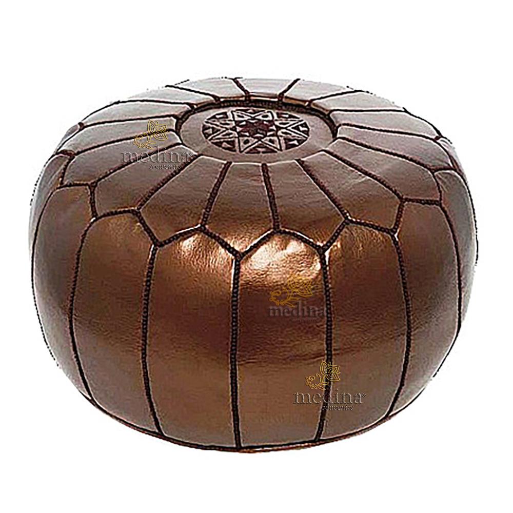 Pouf design cuir marocain brun métallique, pouf entièrement fait main