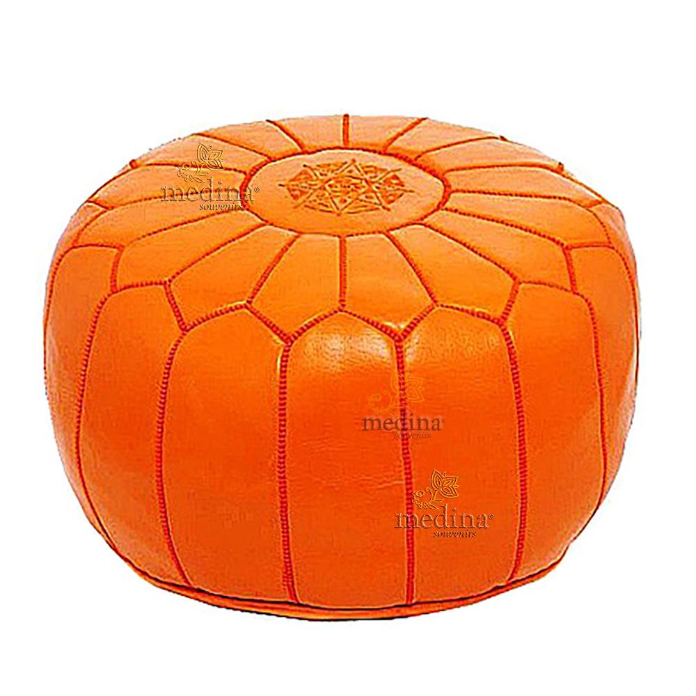 Pouf design cuir marocain orange, pouf en cuir véritable fait main