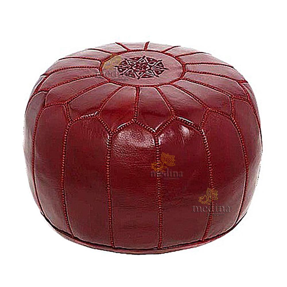 Pouf design cuir marocain bourgogne, pouf en cuir véritable fait main