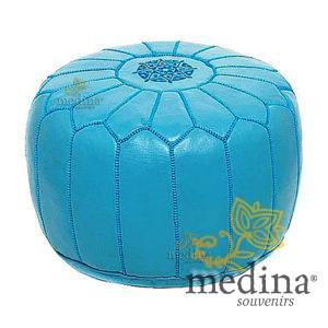 Pouf design cuir marocain bleu clair, pouf en cuir véritable fait main