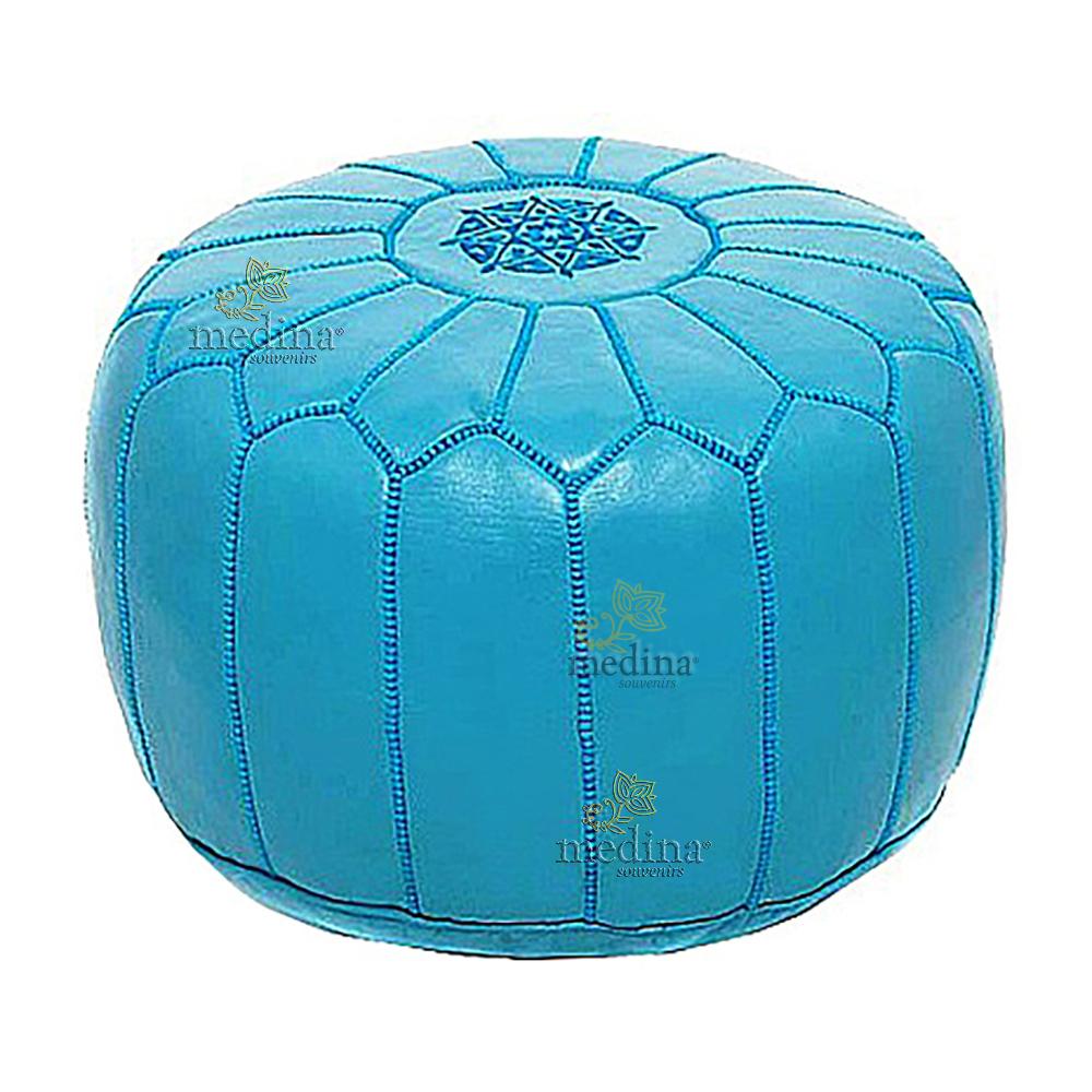 Pouf design cuir marocain bleu clair, pouf en cuir véritable fait main