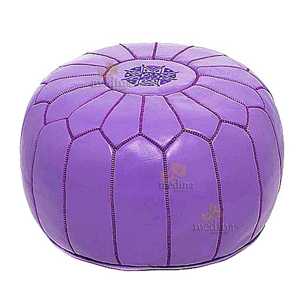 Pouf design cuir marocain lavande, pouf en cuir véritable fait main