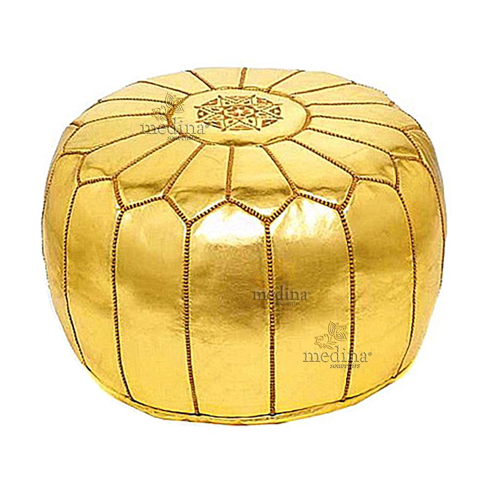 Pouf design cuir marocain Doré, pouf entièrement fait main