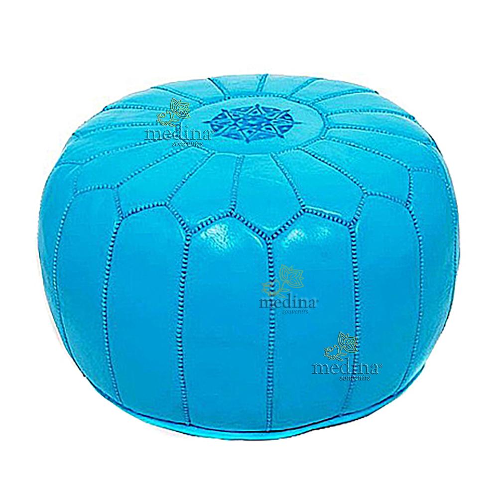 Pouf design cuir marocain Turquoise, pouf en cuir véritable fait main