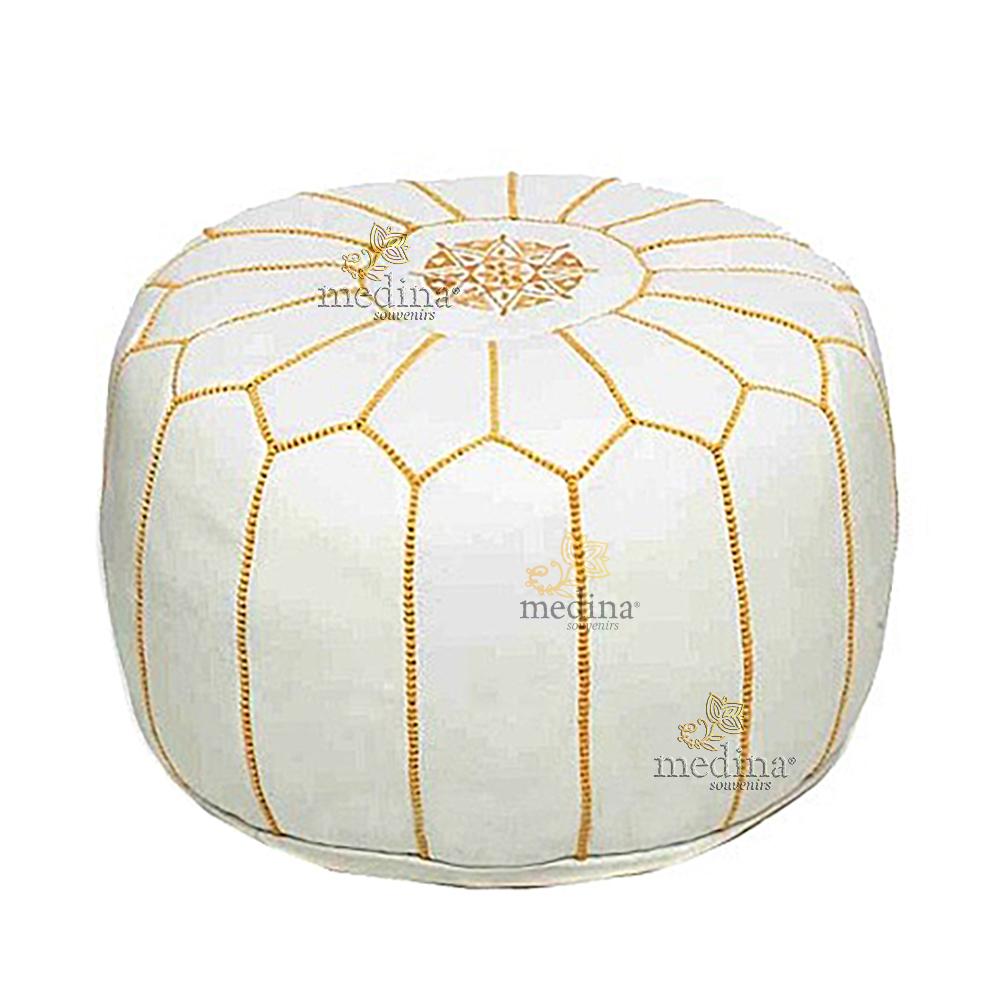 Pouf design cuir marocain Blanc et Or, pouf en cuir véritable fait main