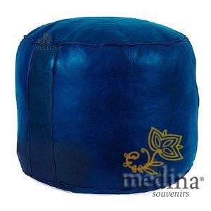 Pouf rond rosace bleu, pouffe en cuir veritable fait main