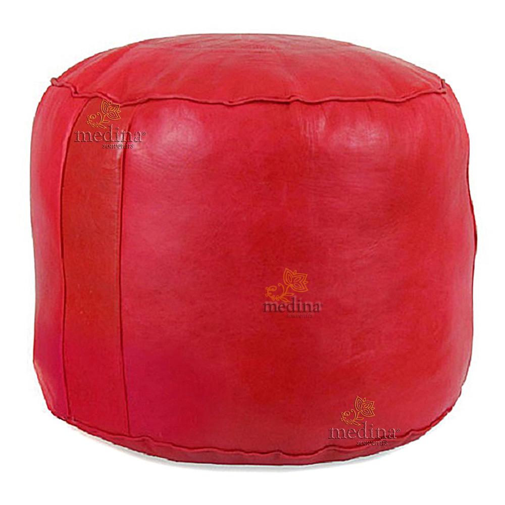 Pouf rond rosace rouge, pouffe en cuir veritable fait main