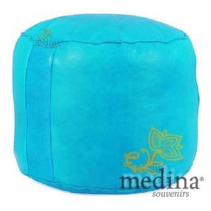 Pouf rond rosace Turquoise, pouffe en cuir veritable fait main