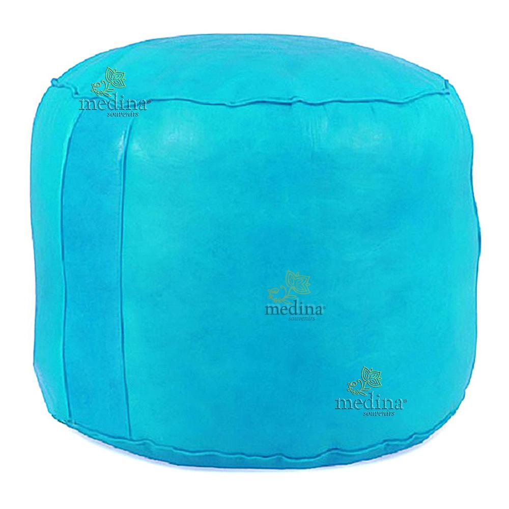 Pouf rond rosace Turquoise, pouffe en cuir veritable fait main