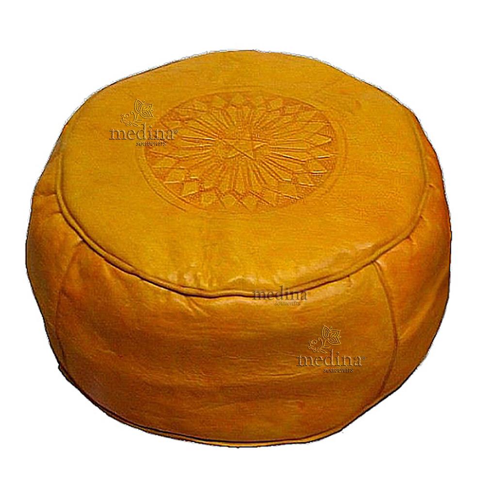 Pouf rond rosace Jaune, pouffe en cuir veritable fait main