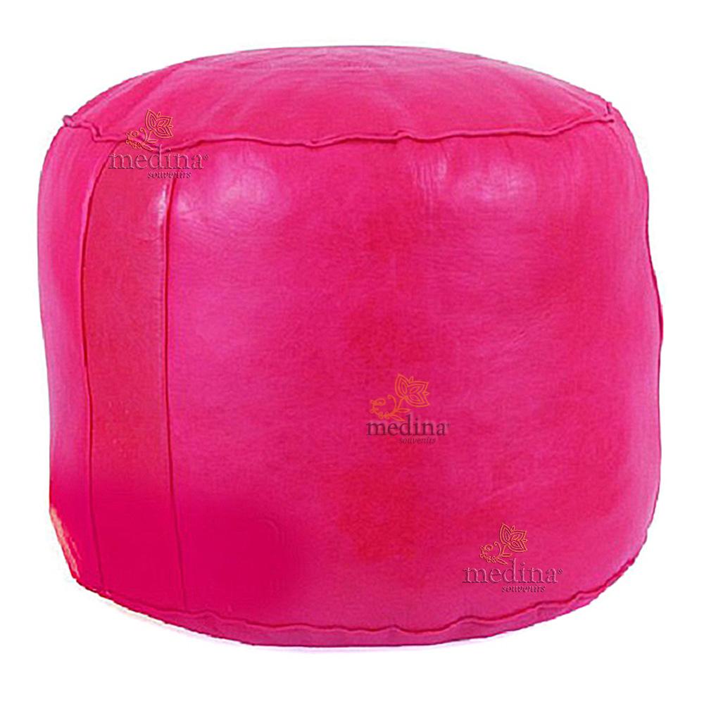 Pouf rond rosace Fuschia, pouffe en cuir veritable fait main