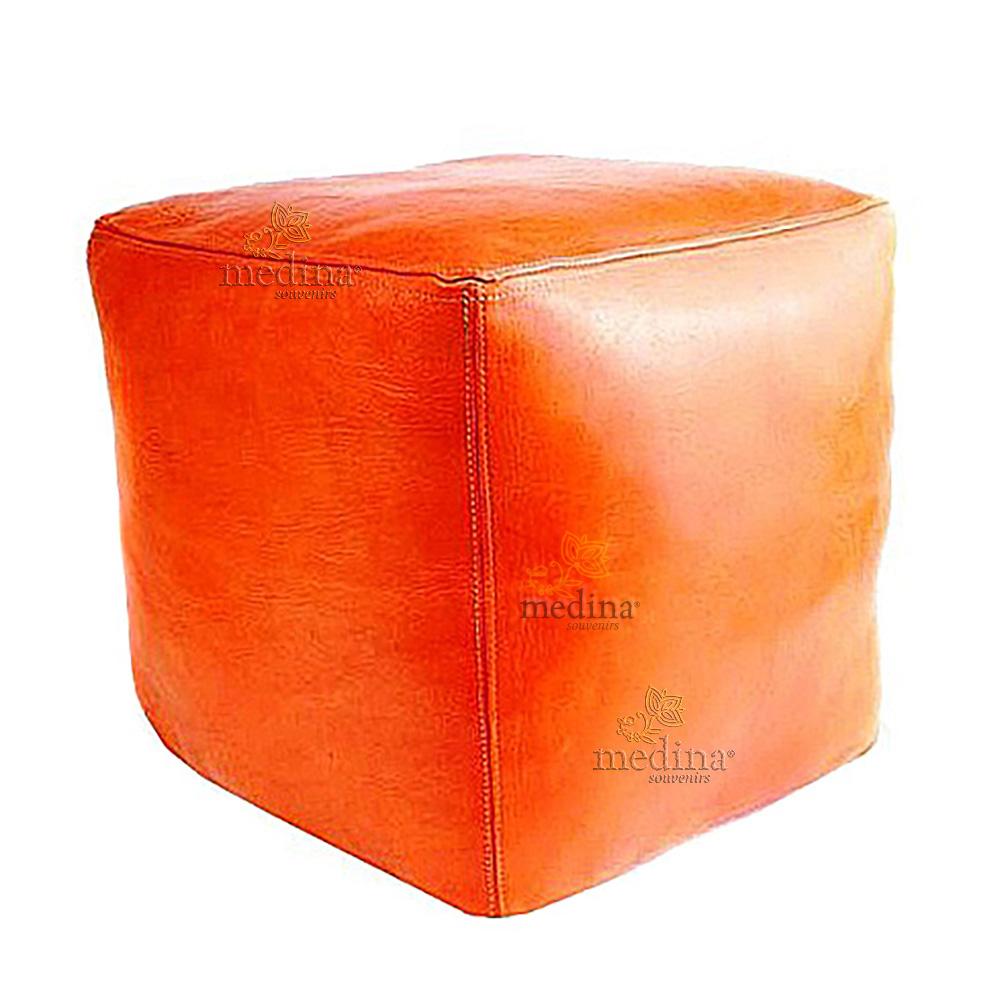 Pouf marocain cube orange, pouf carré artisanal en cuir veritable