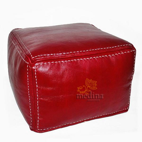 Pouf carré marron bordeau en cuir surpiqué