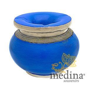 Cendrier marocain tadelakt design bleu, cendrier fait main incrusté et cerclé de métal poli inoxydable et metal brossé torsadé …