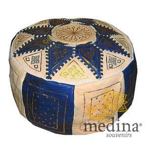 Pouf fassi en cuir Ivoire et bleu marine, pouffe en cuir veritable fait main