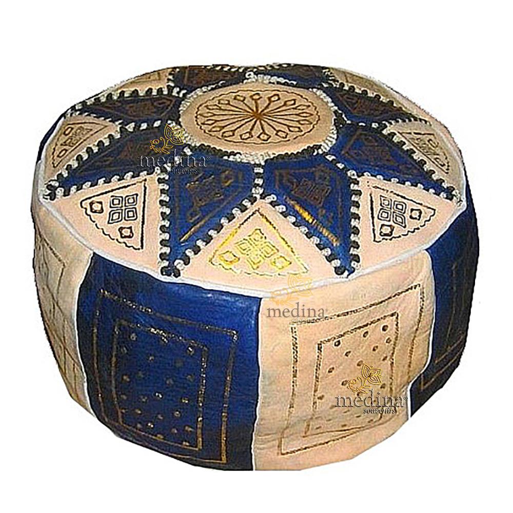 Pouf fassi en cuir Ivoire et bleu marine, pouffe en cuir veritable fait main