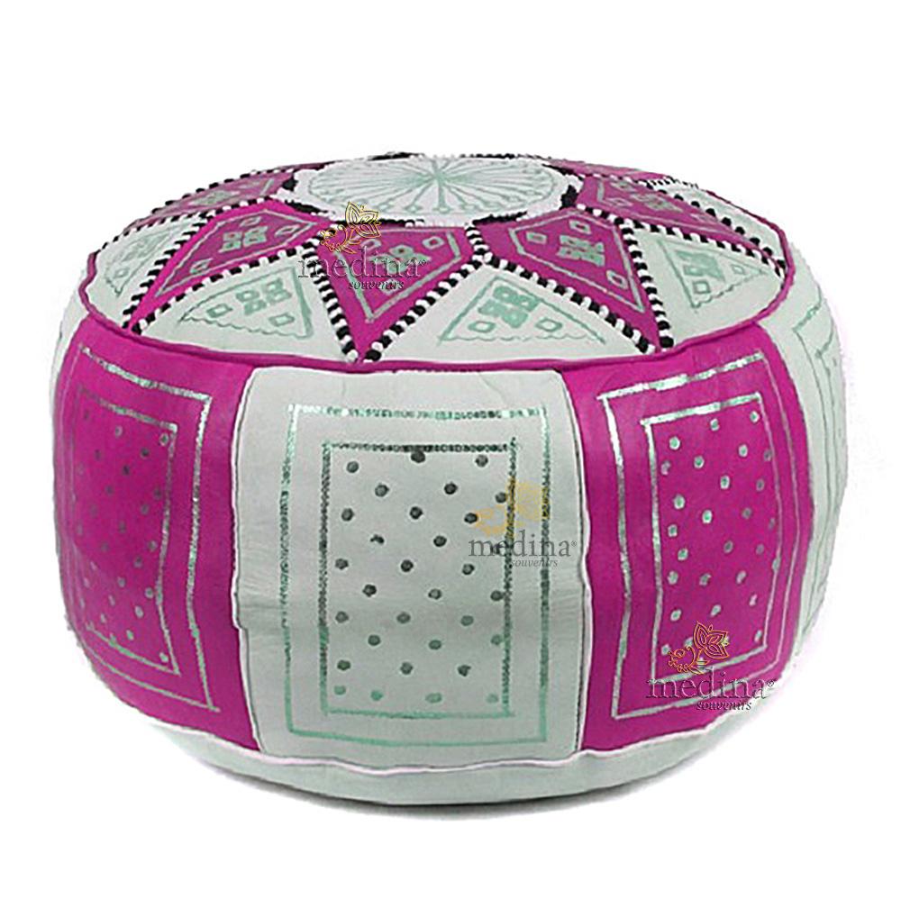 Pouf fassi en cuir fuschia et blanc, pouffe marocain en cuir veritable fait main