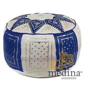 Pouf fassi en cuir Bleu et blanc, pouffe marocain en cuir veritable fait main