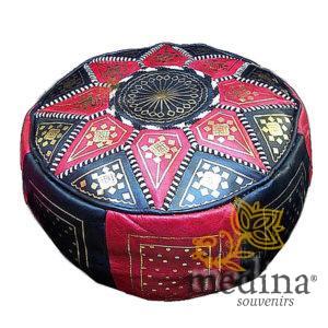 Pouf fassi en cuir Rouge et Noir, pouffe marocain en cuir veritable fait main