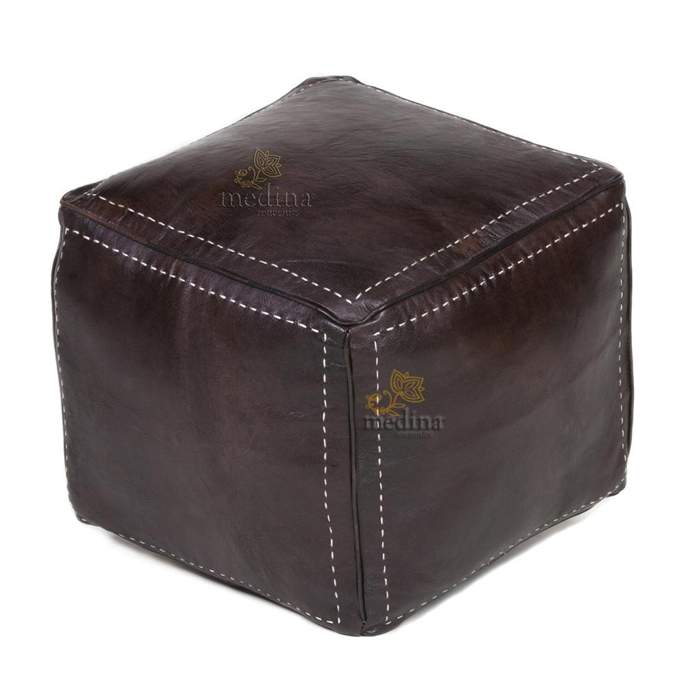 Pouf carré marron chocolat en cuir surpiqué, pouf haute qualité entièrement fait main