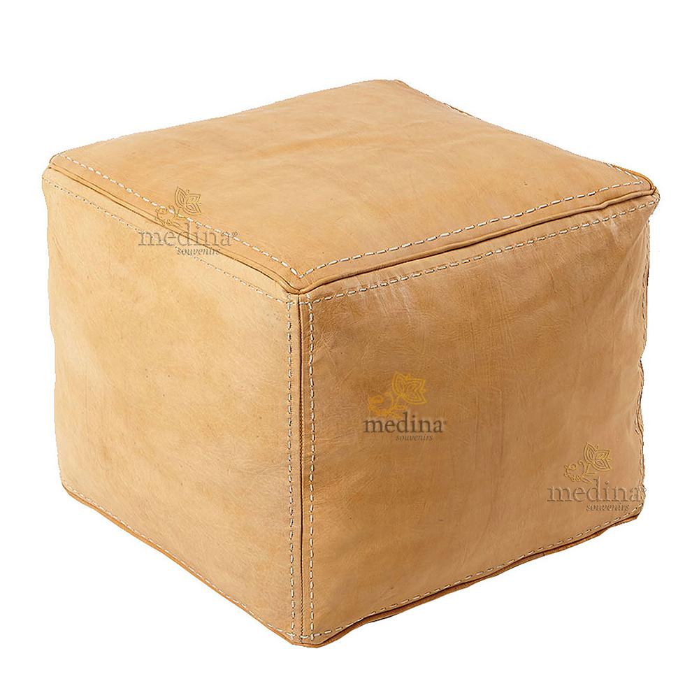 Pouf carré en cuir surpiqué couleur naturelle, pouf haute qualité entièrement fait main