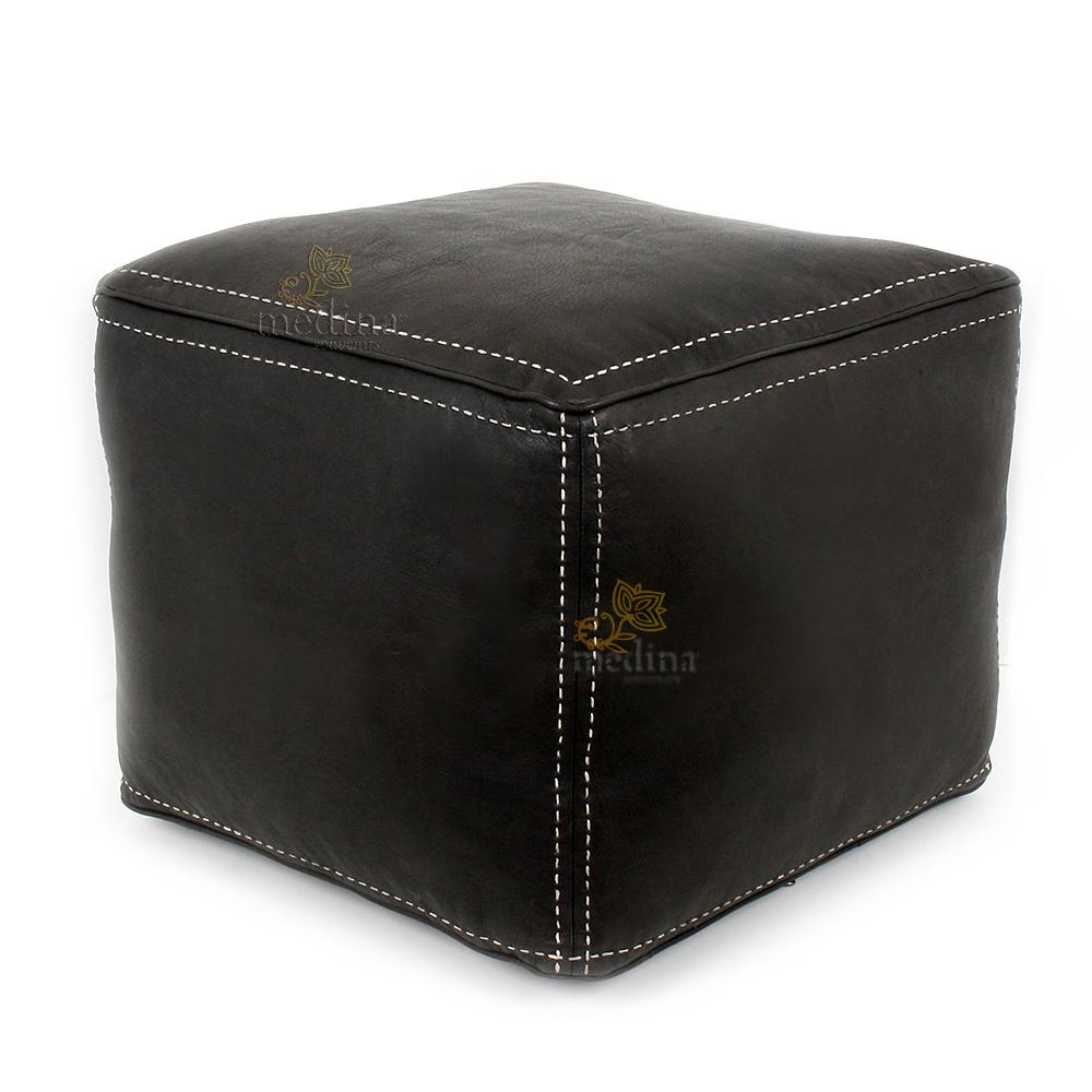 Pouf carré noir en cuir surpiqué, pouf haute qualité entièrement fait main