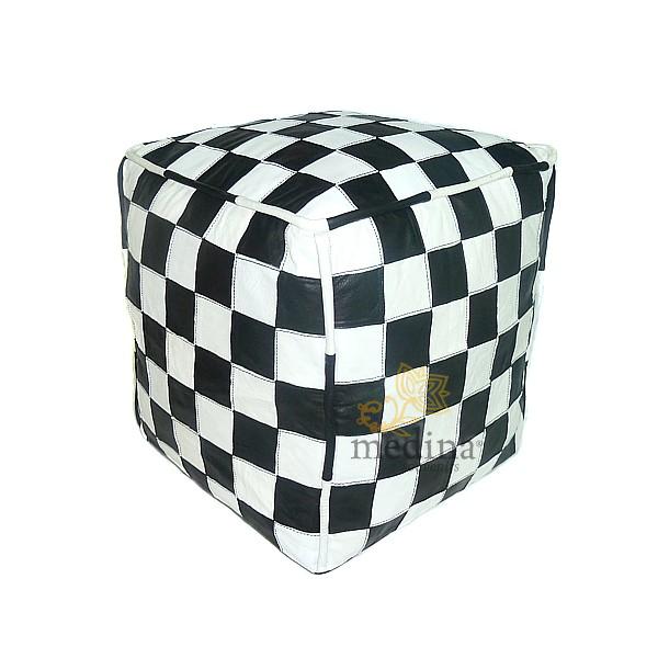 Pouf en cuir blanc et noir design carreaux