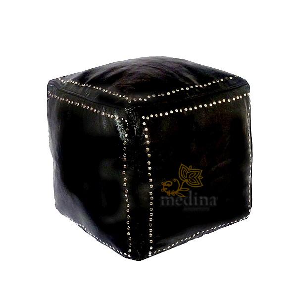 Pouf carré noir en cuir boutons argent