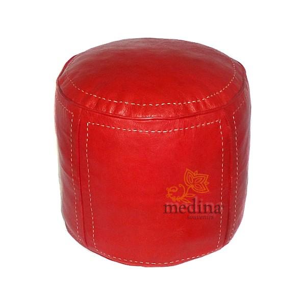 Pouf beldi rond en cuir rouge surpiqué