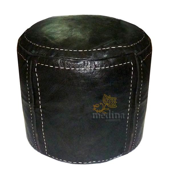 Pouf beldi rond en cuir noir surpiqué