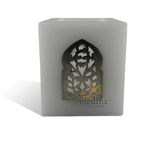 Photophore blanc cube motif porte arcade métal
