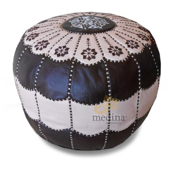 Pouf marocain design arcade en cuir marron et creme, pouf en cuir véritable fait main
