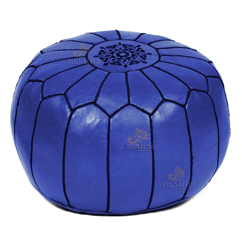 Pouf design cuir marocain bleu marine, pouf en cuir véritable fait main