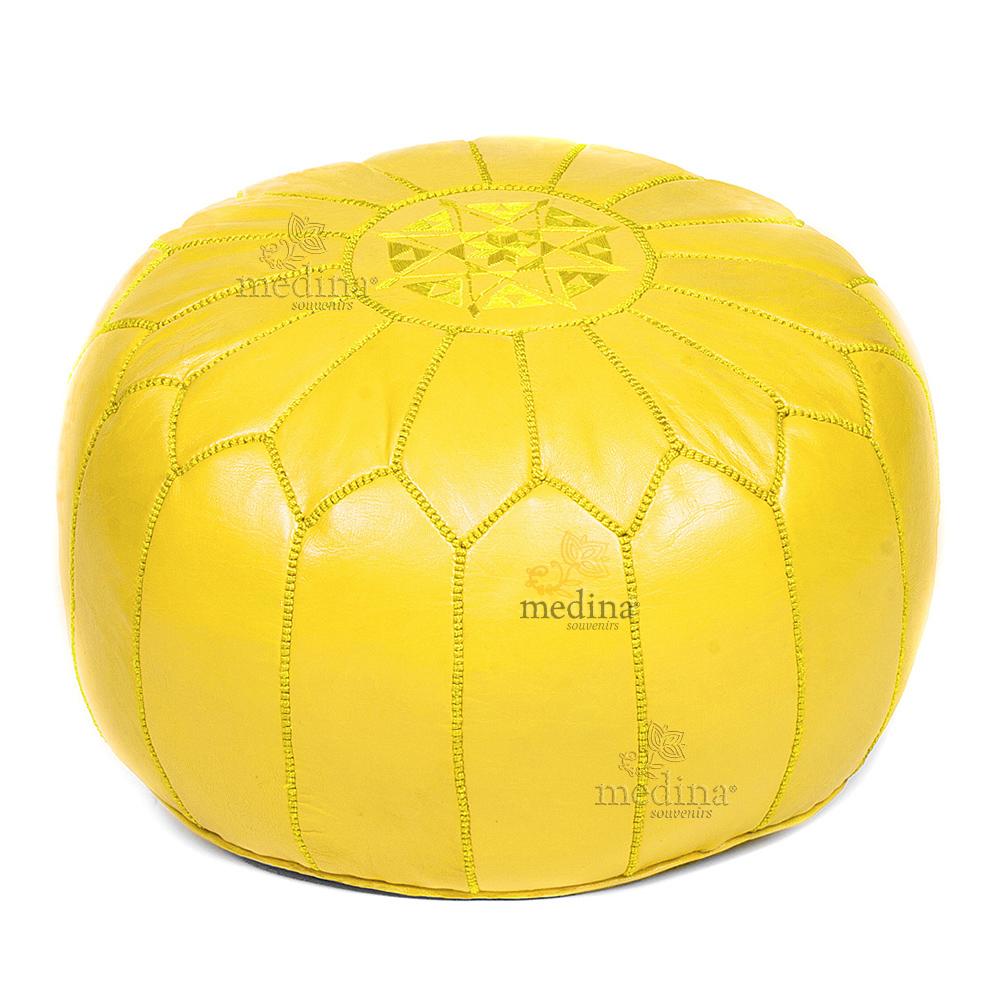 Pouf design cuir marocain jaune, pouf en cuir véritable fait main