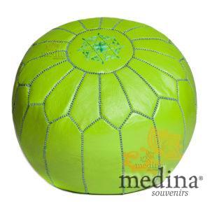 Pouf design cuir marocain vert anis, pouf en cuir véritable fait main