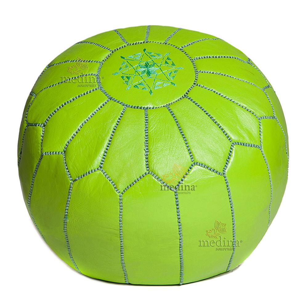 Pouf design cuir marocain vert anis, pouf en cuir véritable fait main