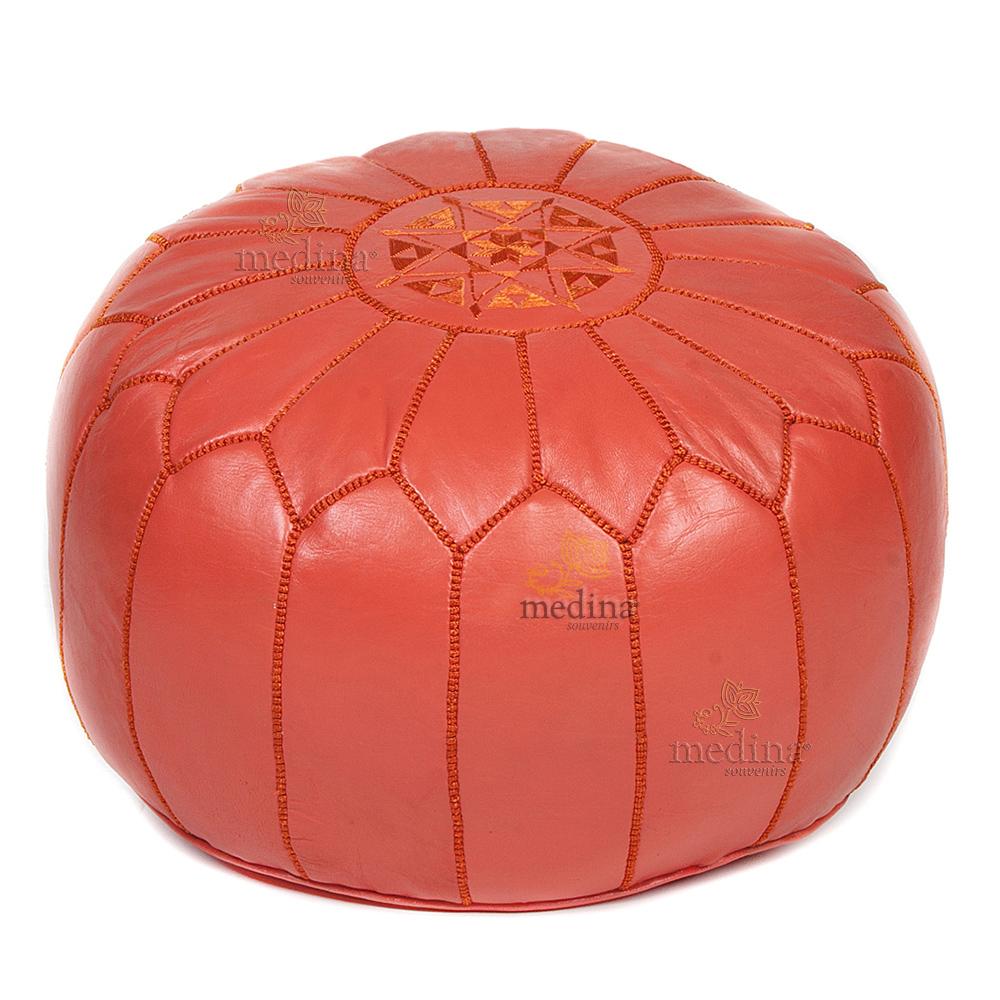 Pouf design cuir marocain rouge, pouf en cuir véritable fait main