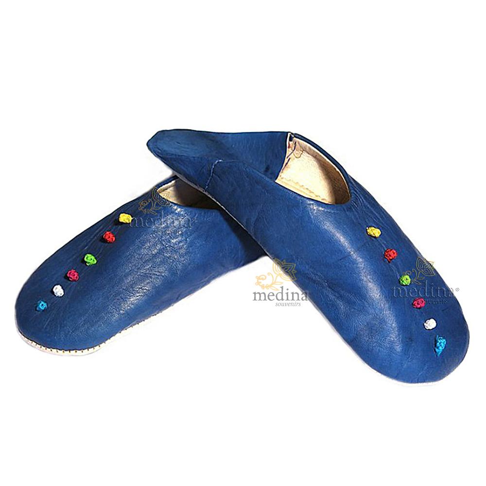 Babouche Rosa Marrakech bleu foncé, babouches confectionnees et cousues main, chaussons en cuir veritable et soie de sabra