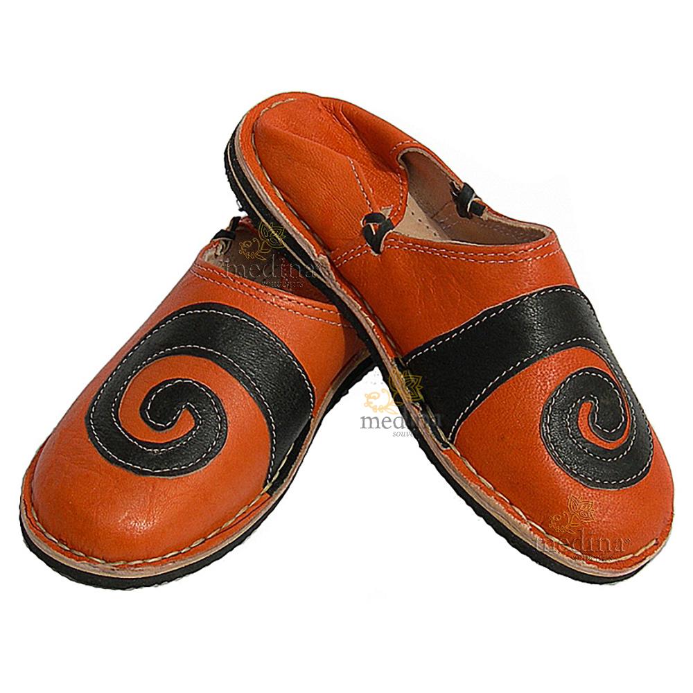 Babouche berbere design spirale Orange et Noir_ chaussons ou pantoufles robustes et colorés au design atypique