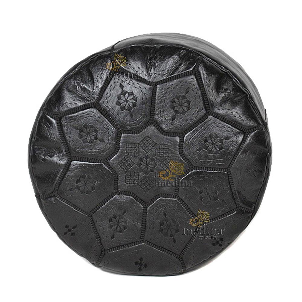 Pouf Nejma en noir cuir, pouf marocain en cuir véritable fait main