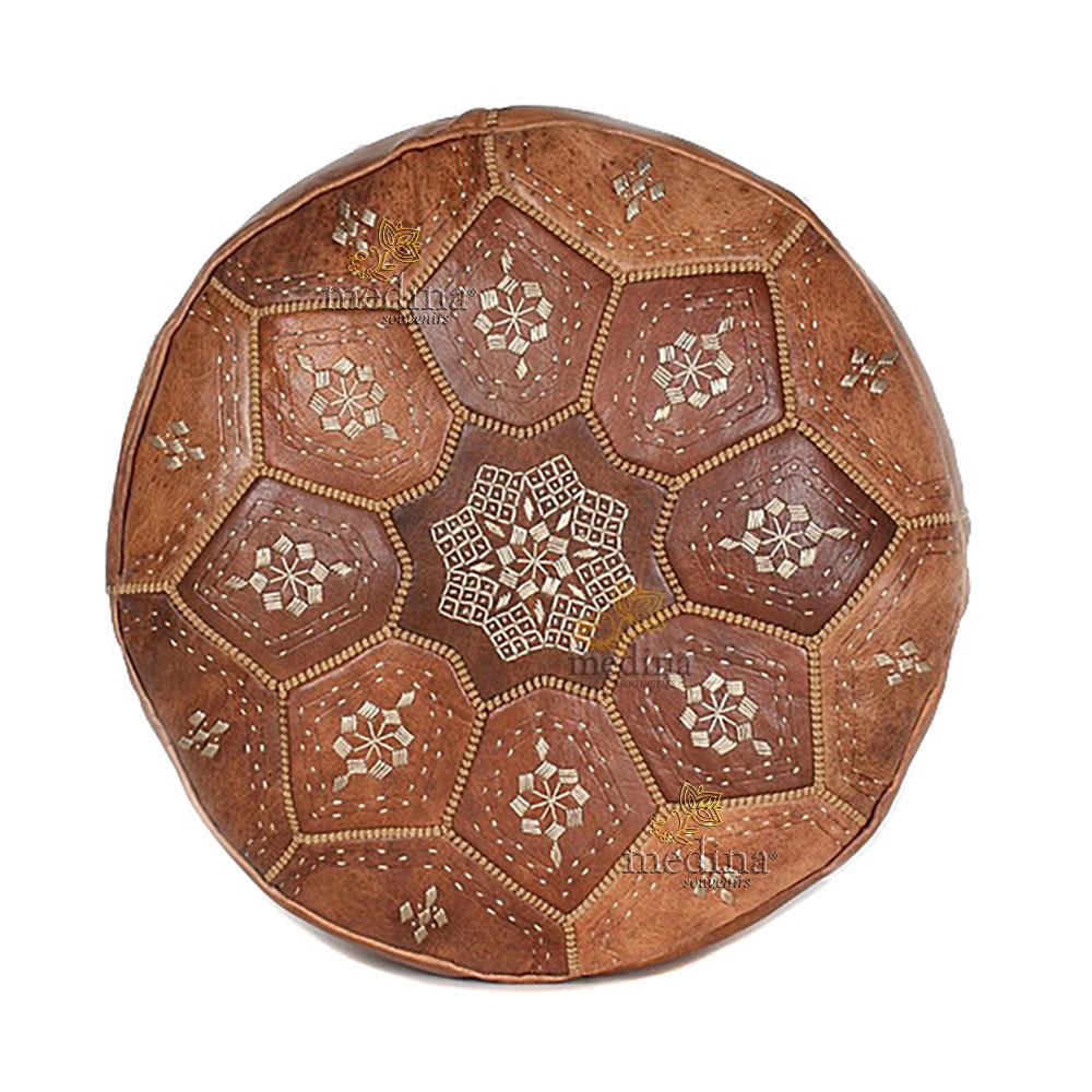 Pouf Nejma en cuir tanné camel, pouf marocain en cuir véritable fait main