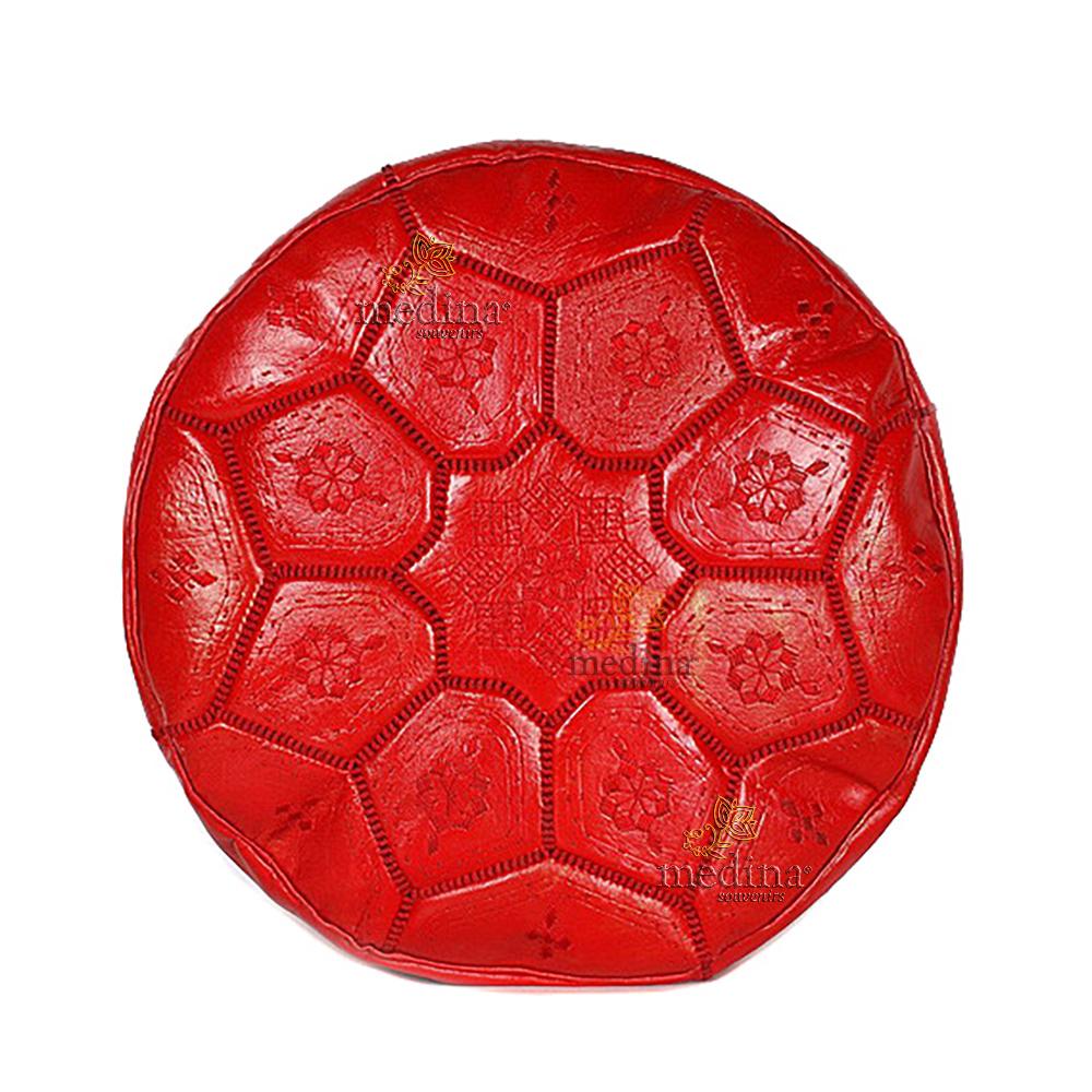 Pouf Nejma en cuir rouge, pouf marocain en cuir véritable fait main