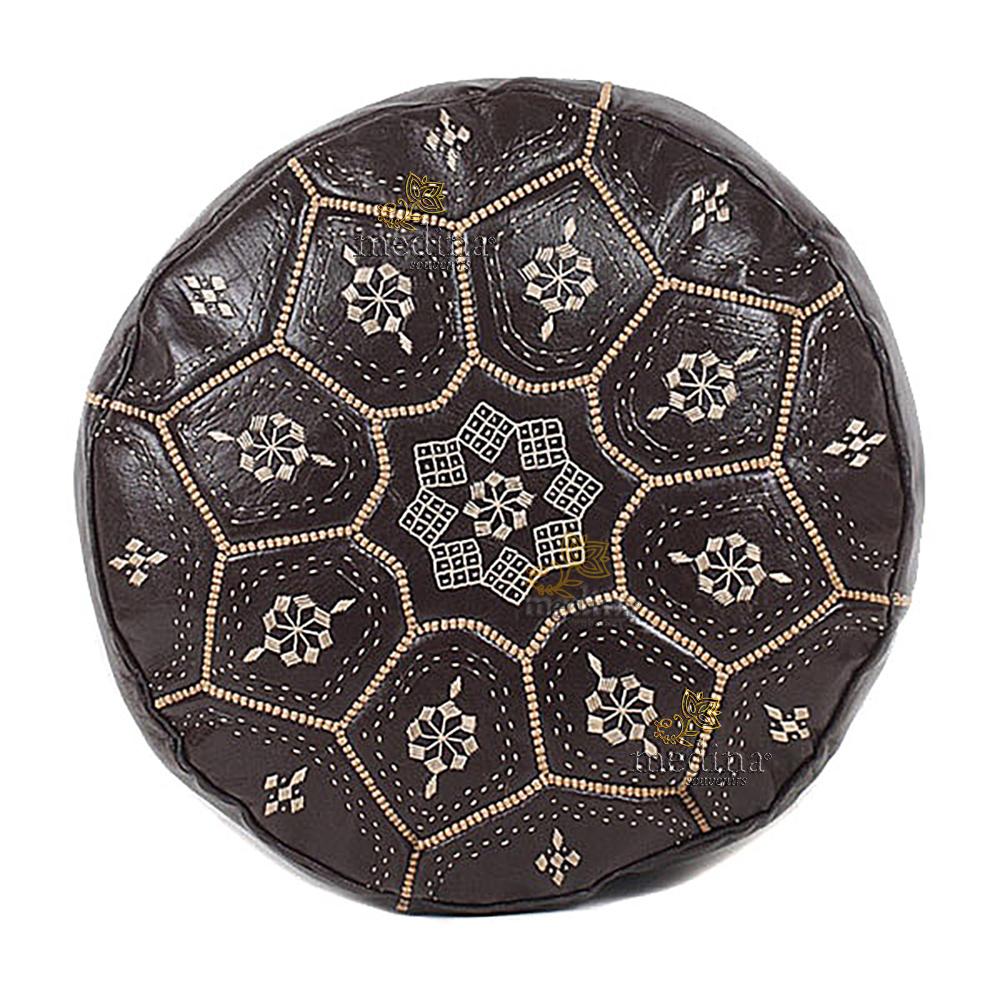 Pouf Nejma en cuir chocolat mocha, pouf marocain en cuir véritable fait main
