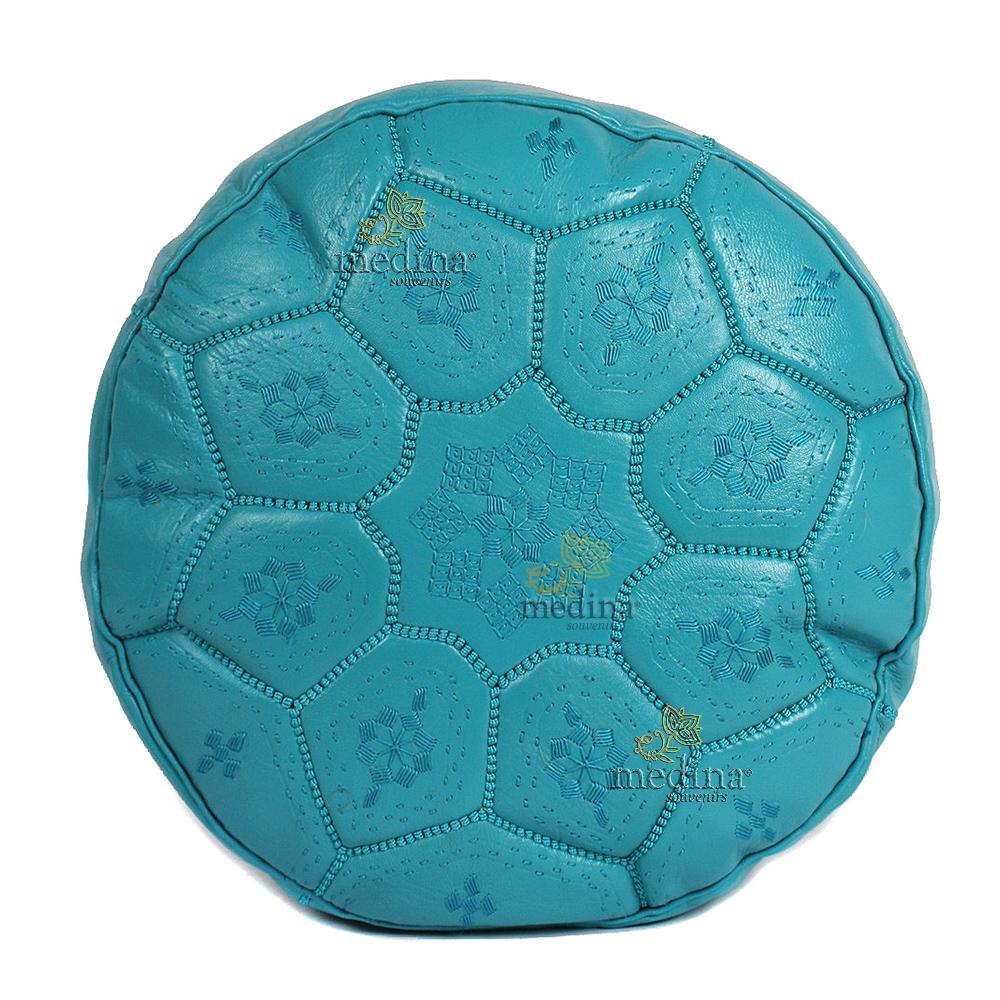 Pouf Nejma en cuir turquoise, pouf marocain en cuir véritable fait main