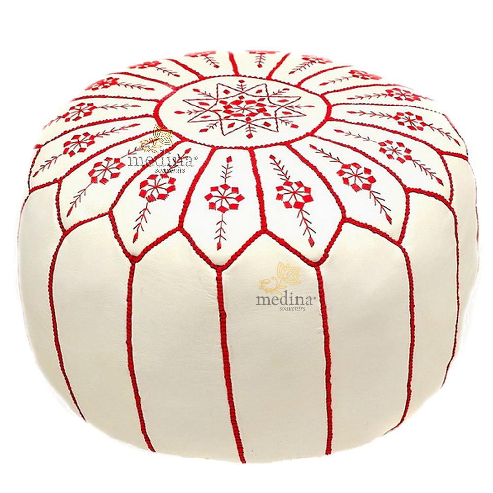 Pouf design cuir marocain Blanc et Fushia, pouf en cuir véritable fait main