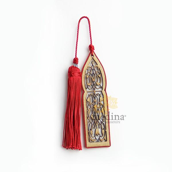 Marque page fait main porte orientale et pompon de soie rouge