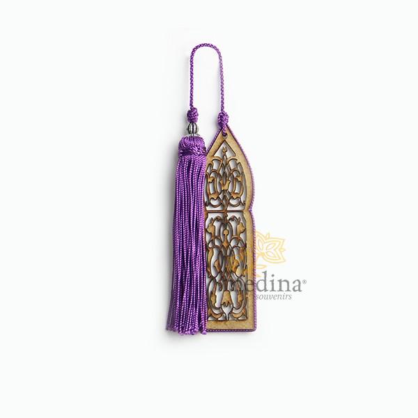 Marque page fait main porte orientale et pompon de soie violet